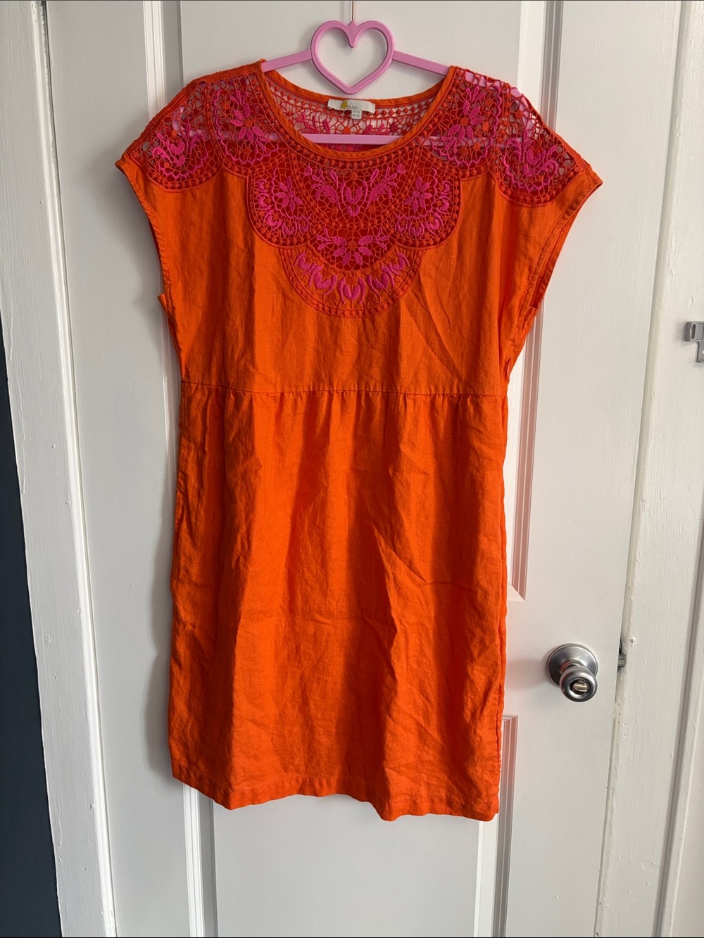 Boden 100% Linen Orange Dress with Pink Lace Yoke